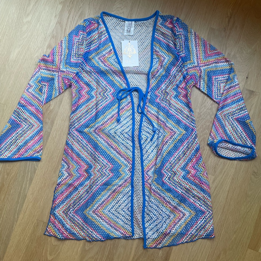 Colorful Chevron Crochet Cover-Up with Blue Trim